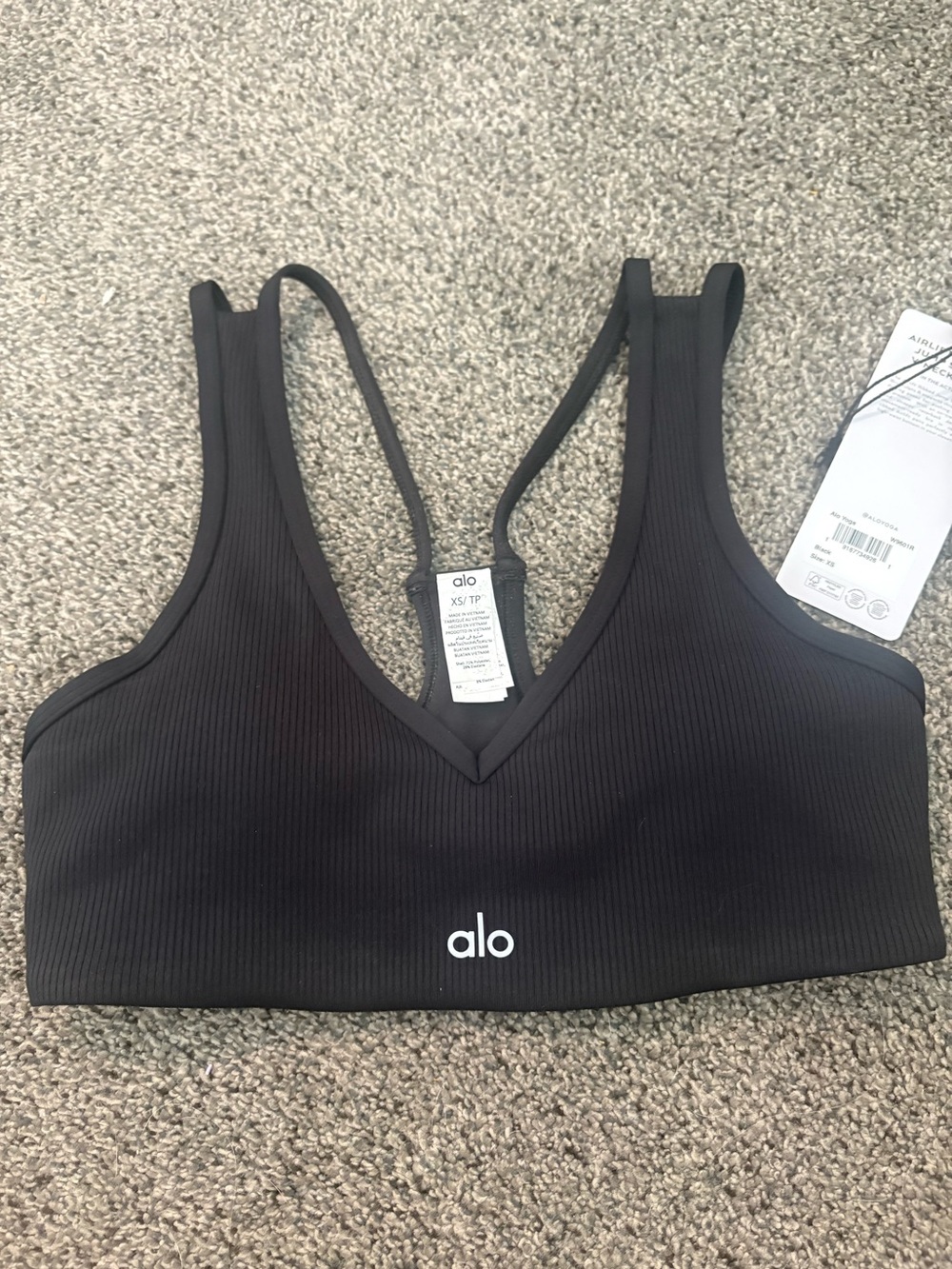 ALO Yoga Black Ribbed V-Neck Sports Bra with Double Straps